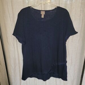 Chicos Navy Blue Distressed Fringe Tunic Top Size 3